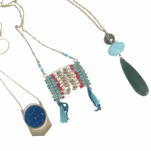 Lot of 3 Goldtone Boho Faux Turquoise Jade Pendant Necklaces Beaded 28" New - Picture 3 of 5